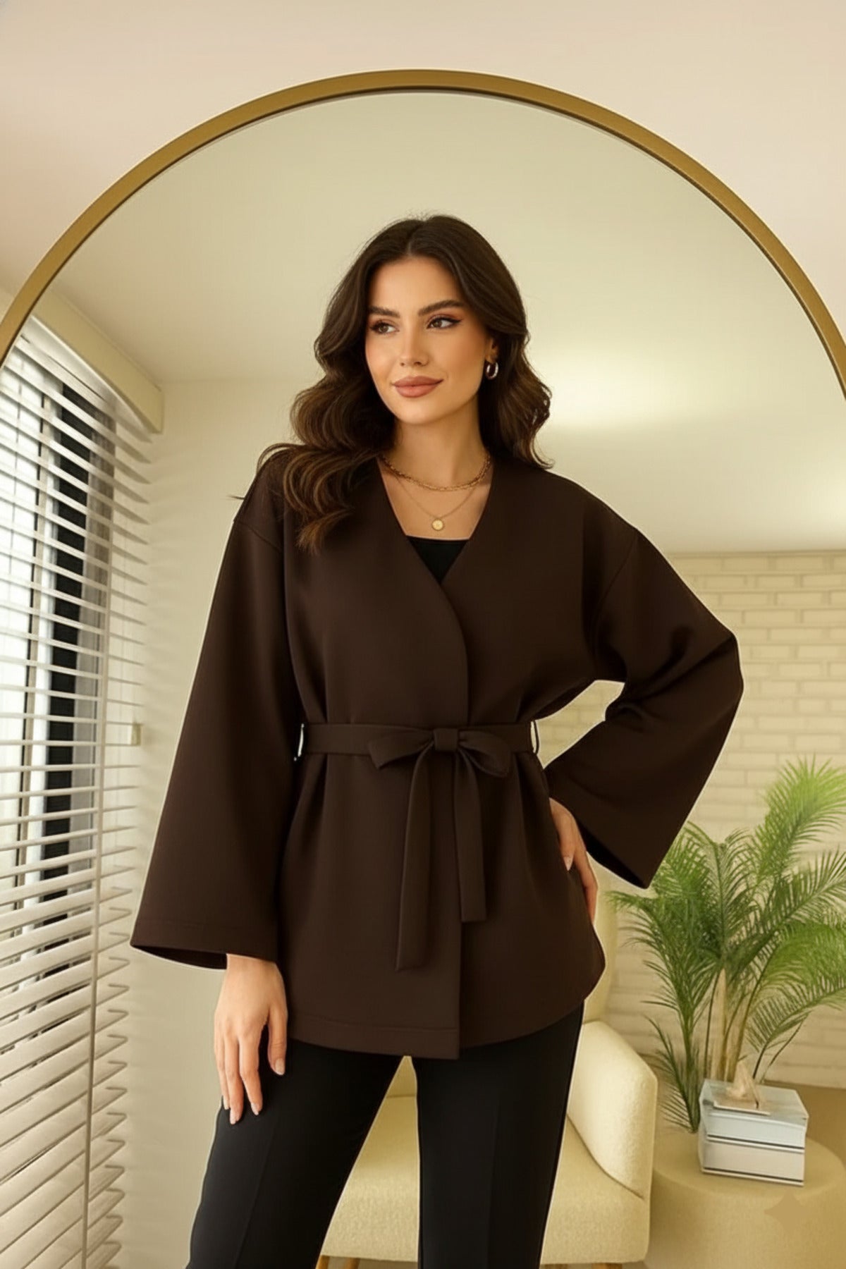 Kadın Yeni Sezon Kuşaklı Scuba Ceket Kimono Tunik Oversize Trend Rahat Modern Tesettüre Uygun