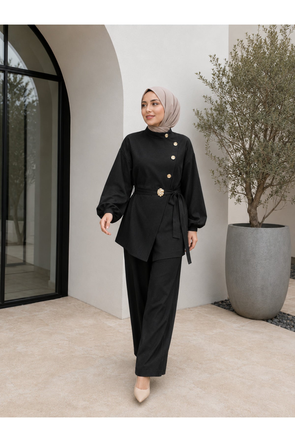 Düğme Detaylı Kuşaklı Tunik Pantolon Tesettür Ikili Takım