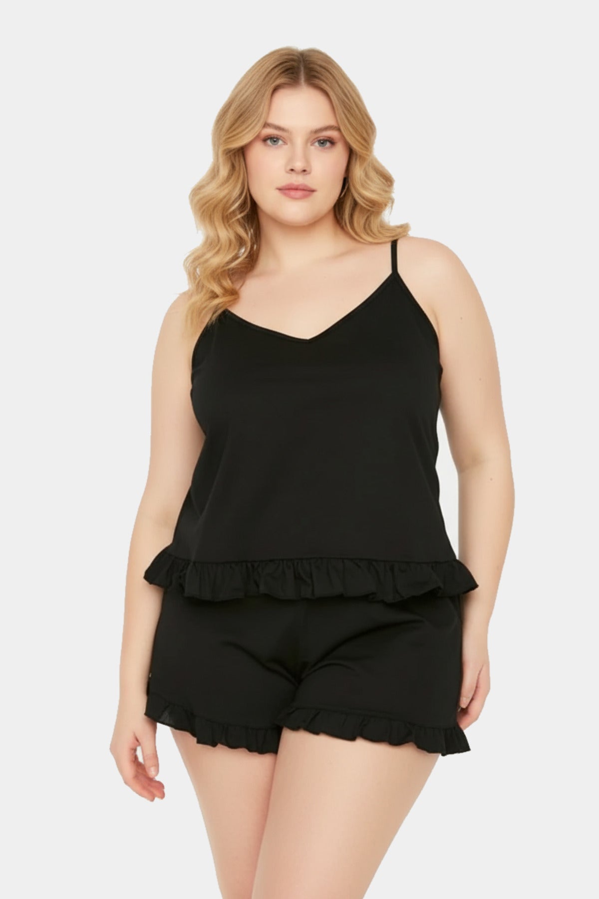 Askılı Fırfır Detaylı Büyük Beden Pijama Takımı