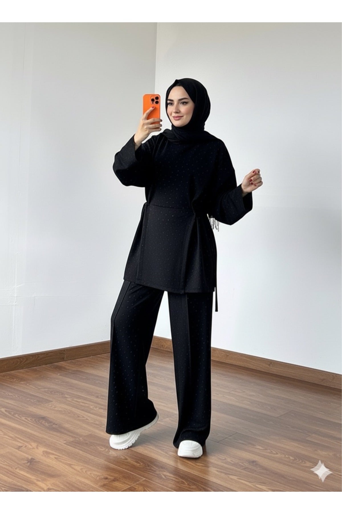 Siyah Taşlı Tesettür İkili Takım / Modal Kumaş Rahat Kesim