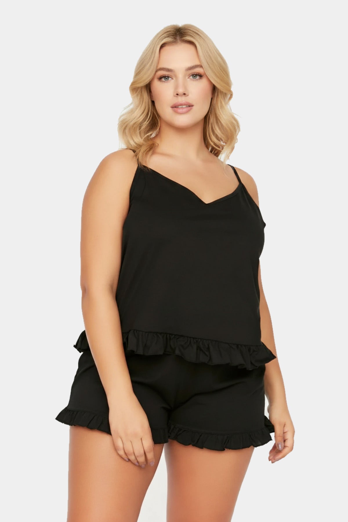 Askılı Fırfır Detaylı Büyük Beden Pijama Takımı