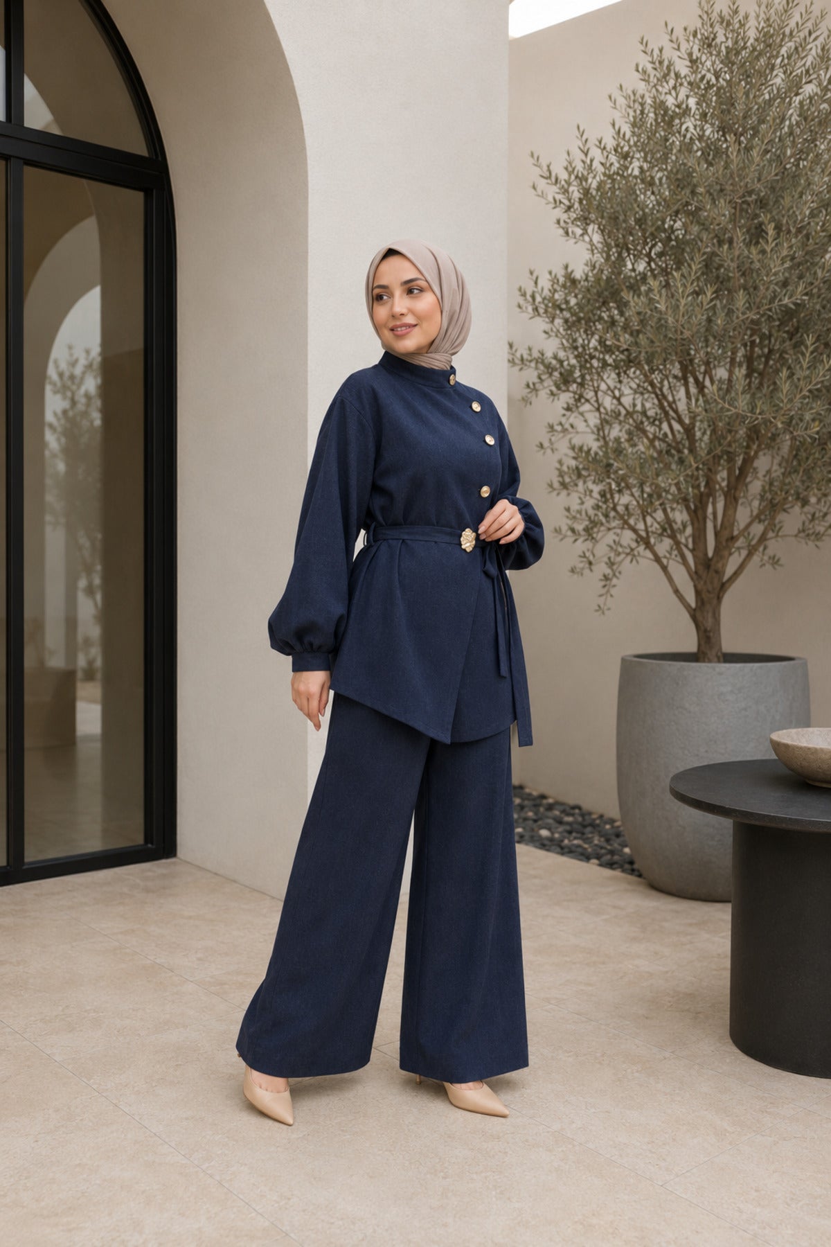 Düğme Detaylı Kuşaklı Tunik Pantolon Tesettür Ikili Takım