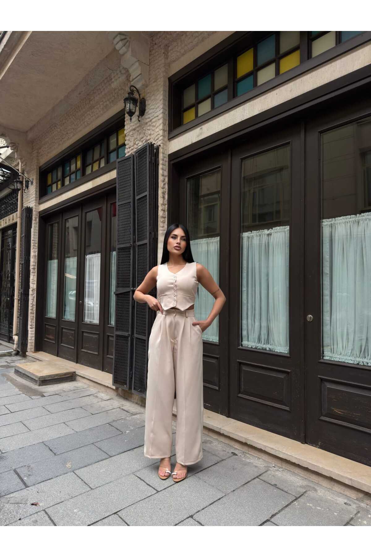 Crop Yelek Pantolon Takım