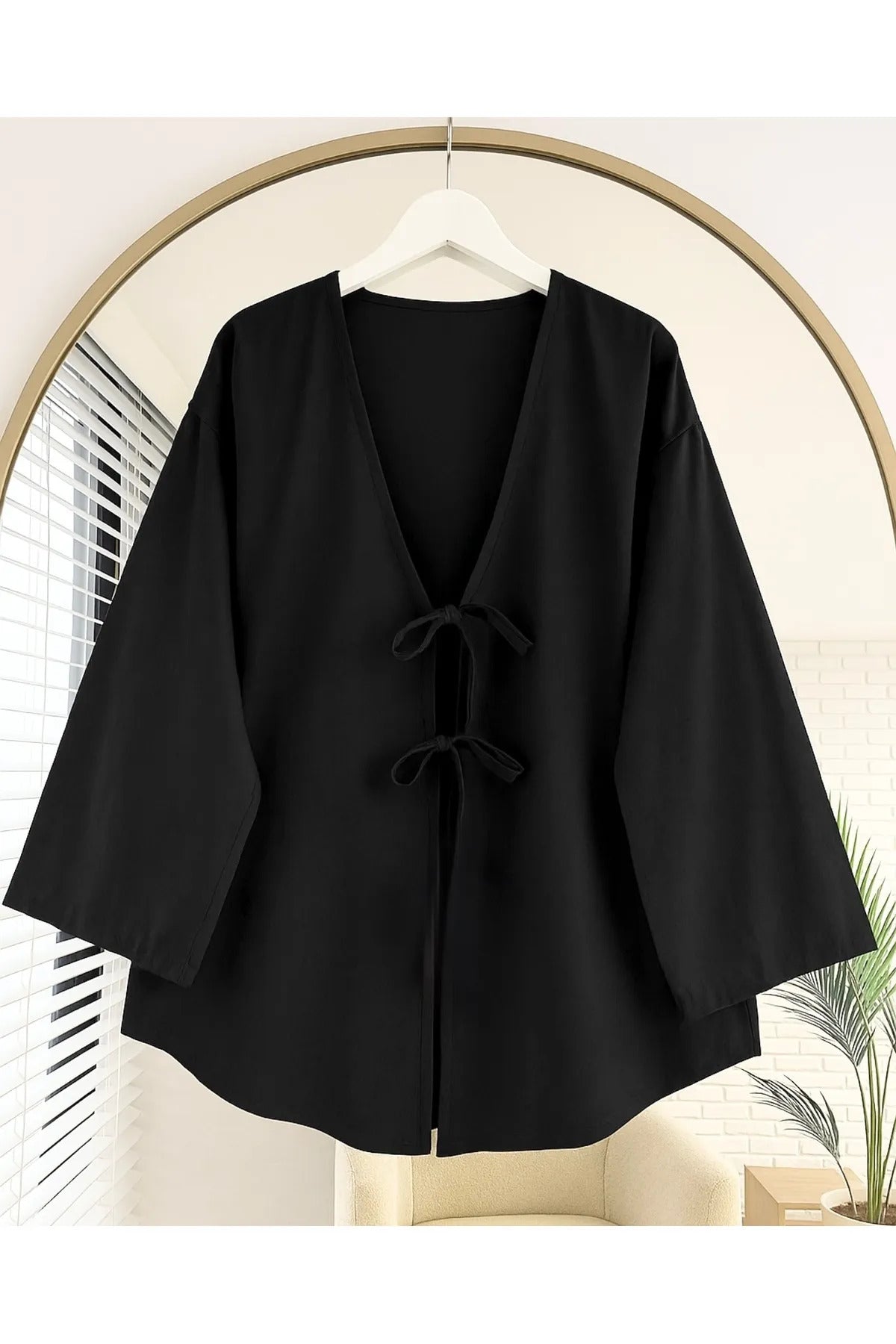 Önü Bağlamalı Kimono Tunik Cift renk Oversize Yeni Sezon Rahat Kalıp Önü Baglamalı