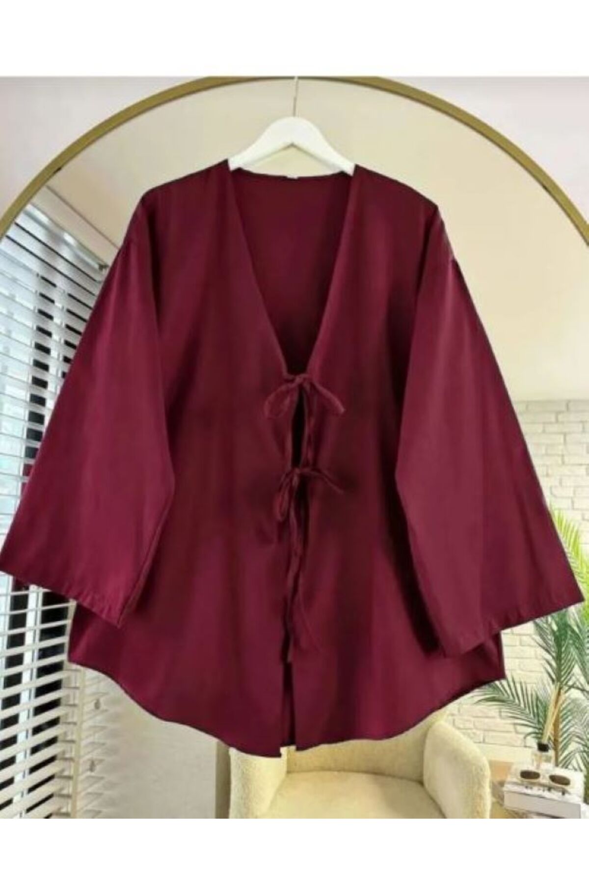 Önü Bağlamalı Kimono Tunik Bordo Oversize Yeni Sezon Rahat Kalıp