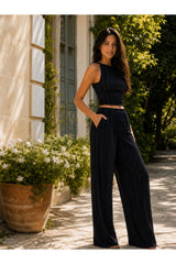 Crop Pantolon Takım Kadın Şık Yazlık Fitilli