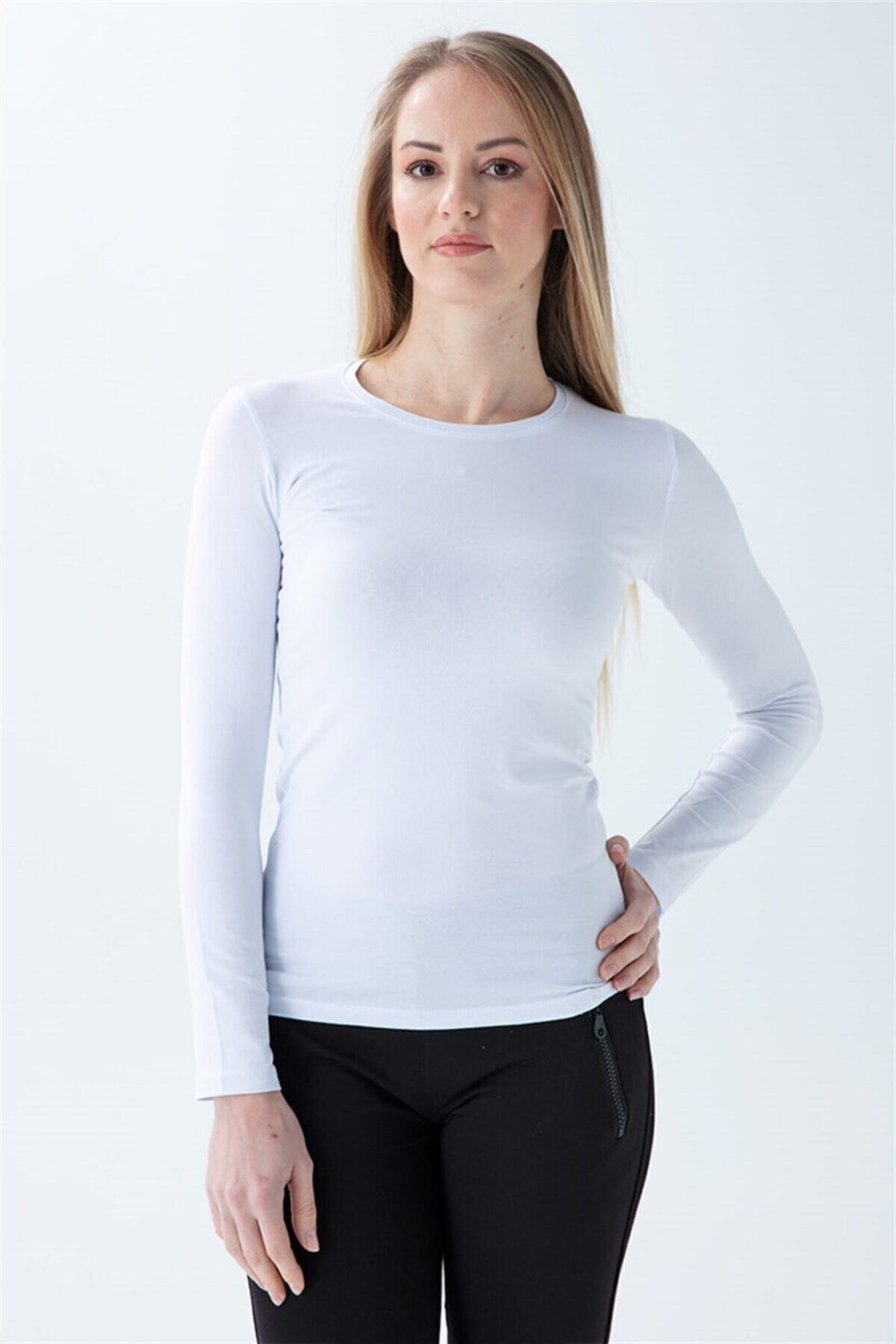 Kadın Beyaz Bisiklet Yaka Uzun Kollu Badi