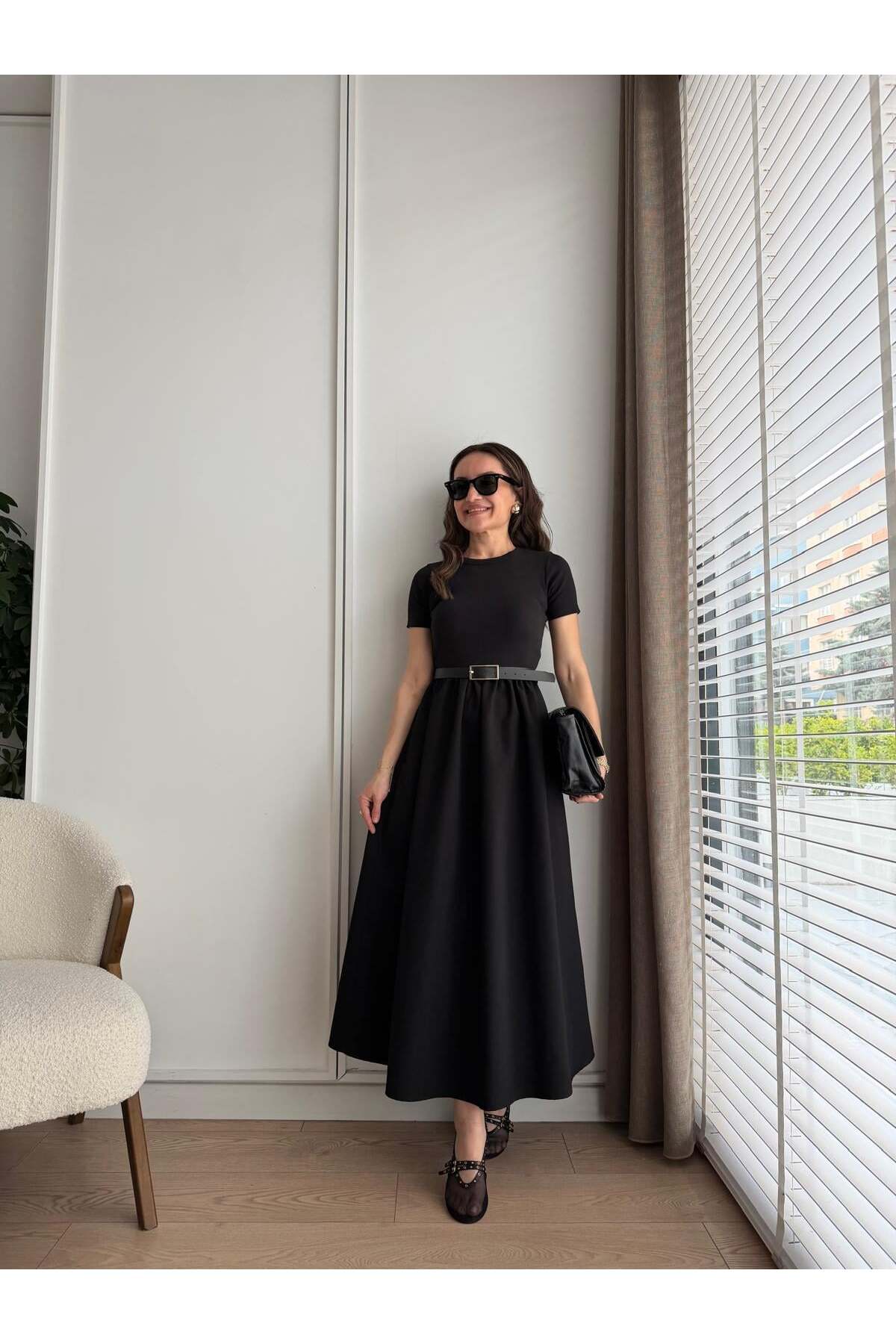 Acı Kahve Kendinden Kemerli Alt Poplin Kumaş Elbise