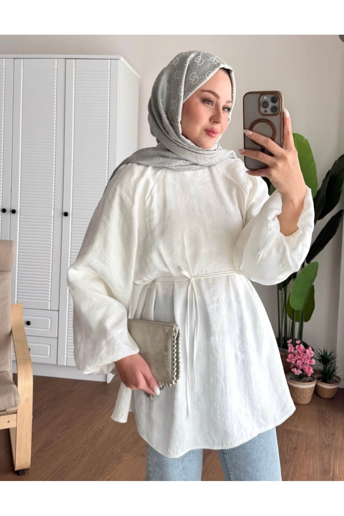 BALON KOL BEL BAĞLAMALI TESETTÜR GÖMLEK SİYAH