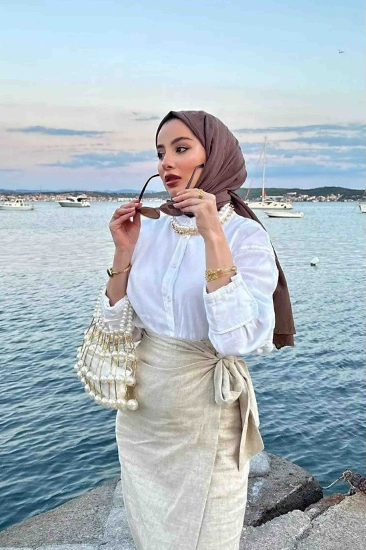 Fiyonk Bağlamalı İçi Astarlı Keten Etek - Taş Rengi BOS