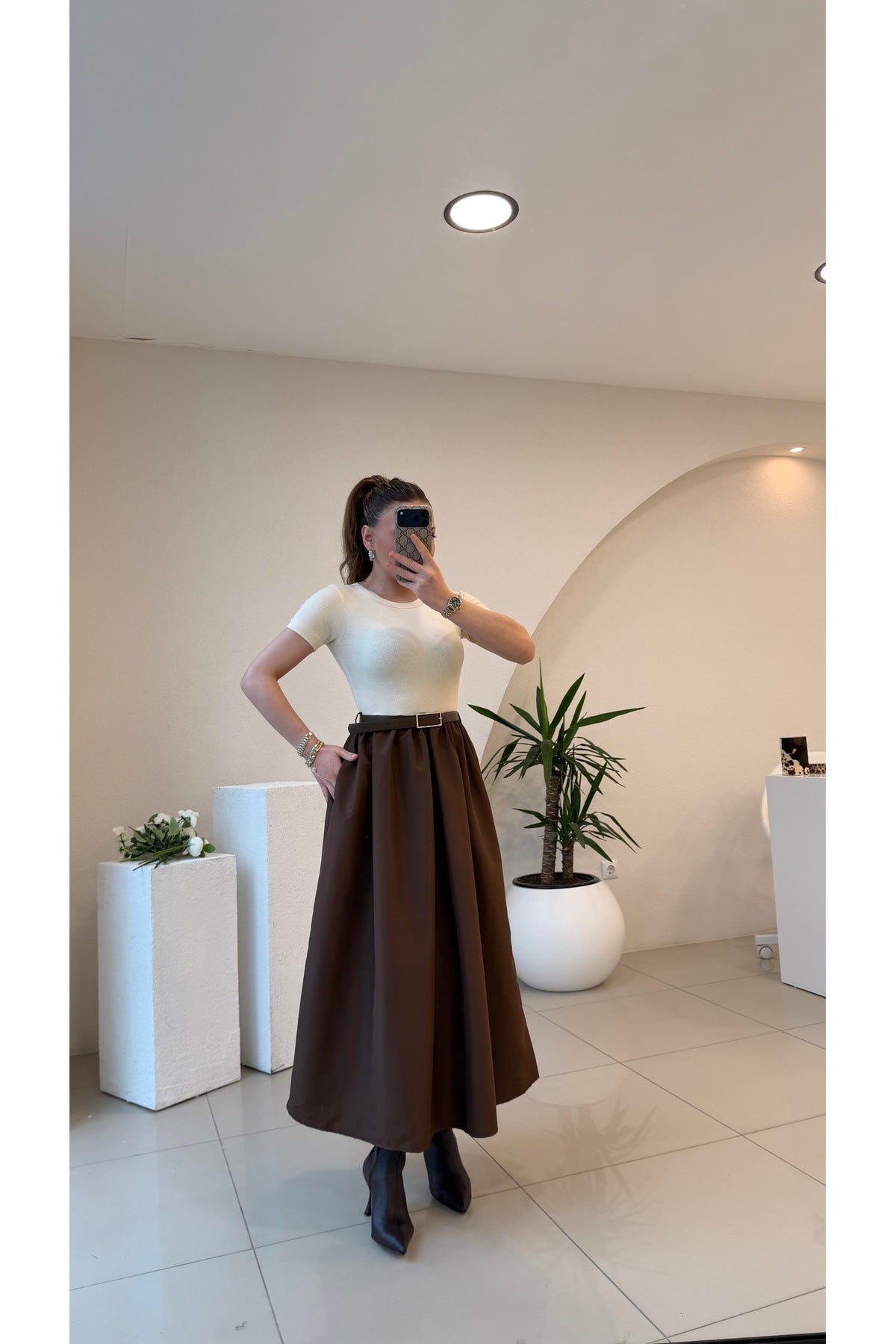 Acı Kahve Kendinden Kemerli Alt Poplin Kumaş Elbise