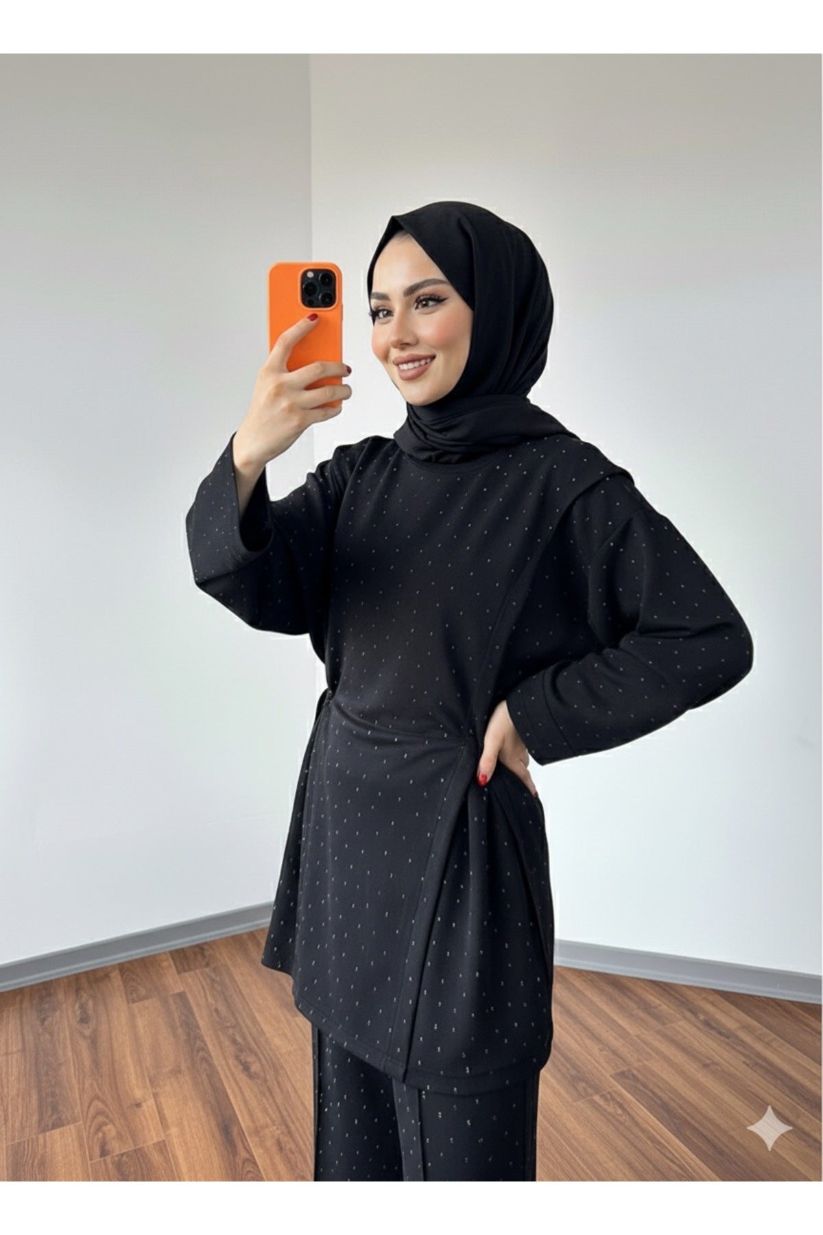 Siyah Taşlı Tesettür İkili Takım / Modal Kumaş Rahat Kesim