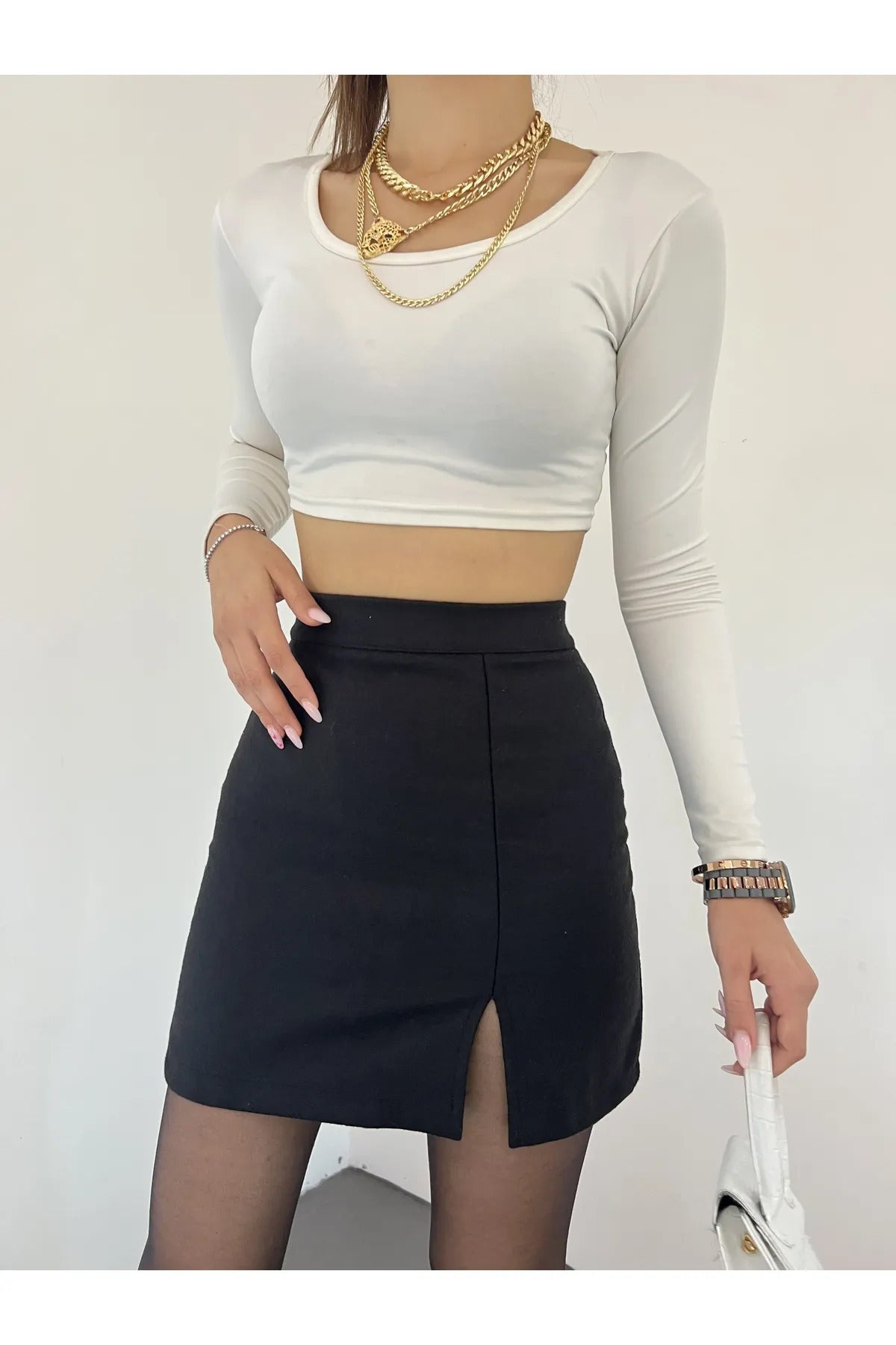 10 NUMARA MODA Kadın Siyah Esnek Kumaş Yırtmaçlı Mini Etek 10NMR4171