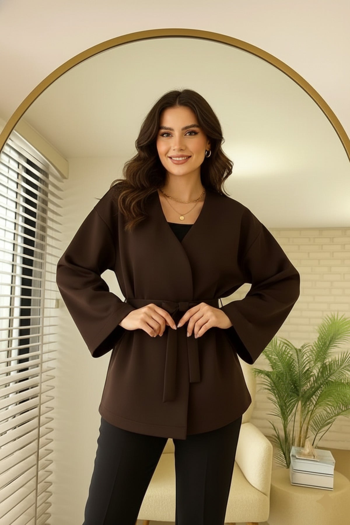 Kadın Yeni Sezon Kuşaklı Scuba Ceket Kimono Tunik Oversize Trend Rahat Modern Tesettüre Uygun