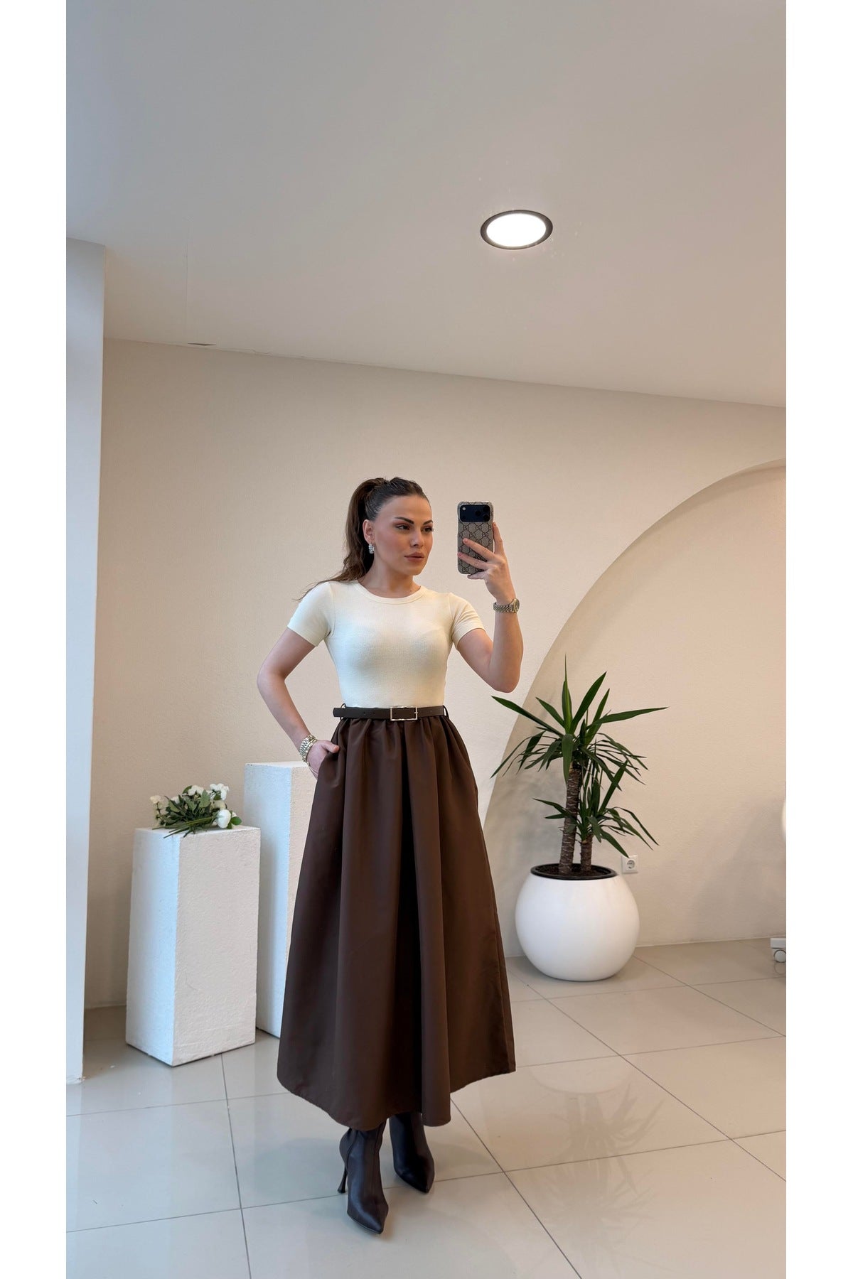 Acı Kahve Kendinden Kemerli Alt Poplin Kumaş Elbise
