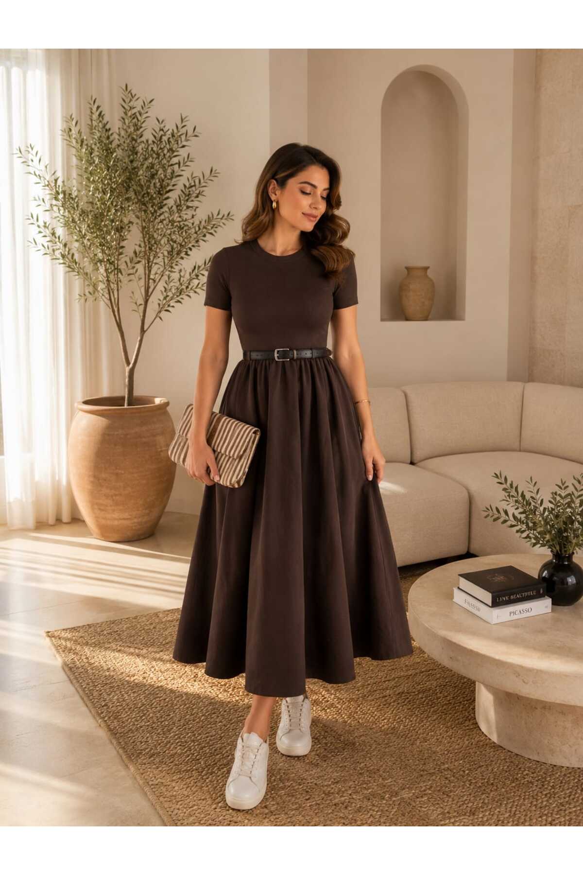 Kadın Kemerli Poplin Midi Elbise
