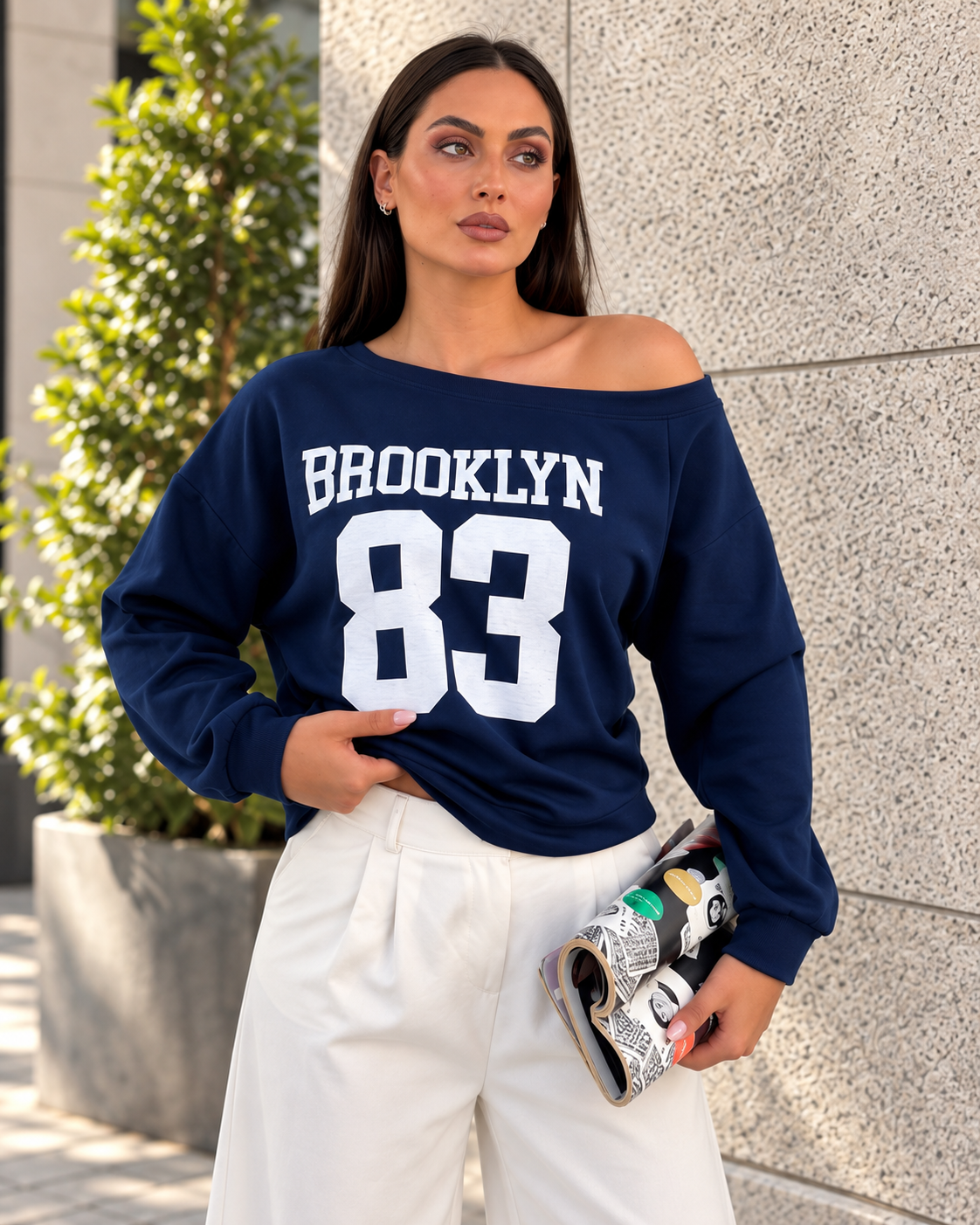 Kadın Modal Baskılı Kayık Yaka Sweatshirt