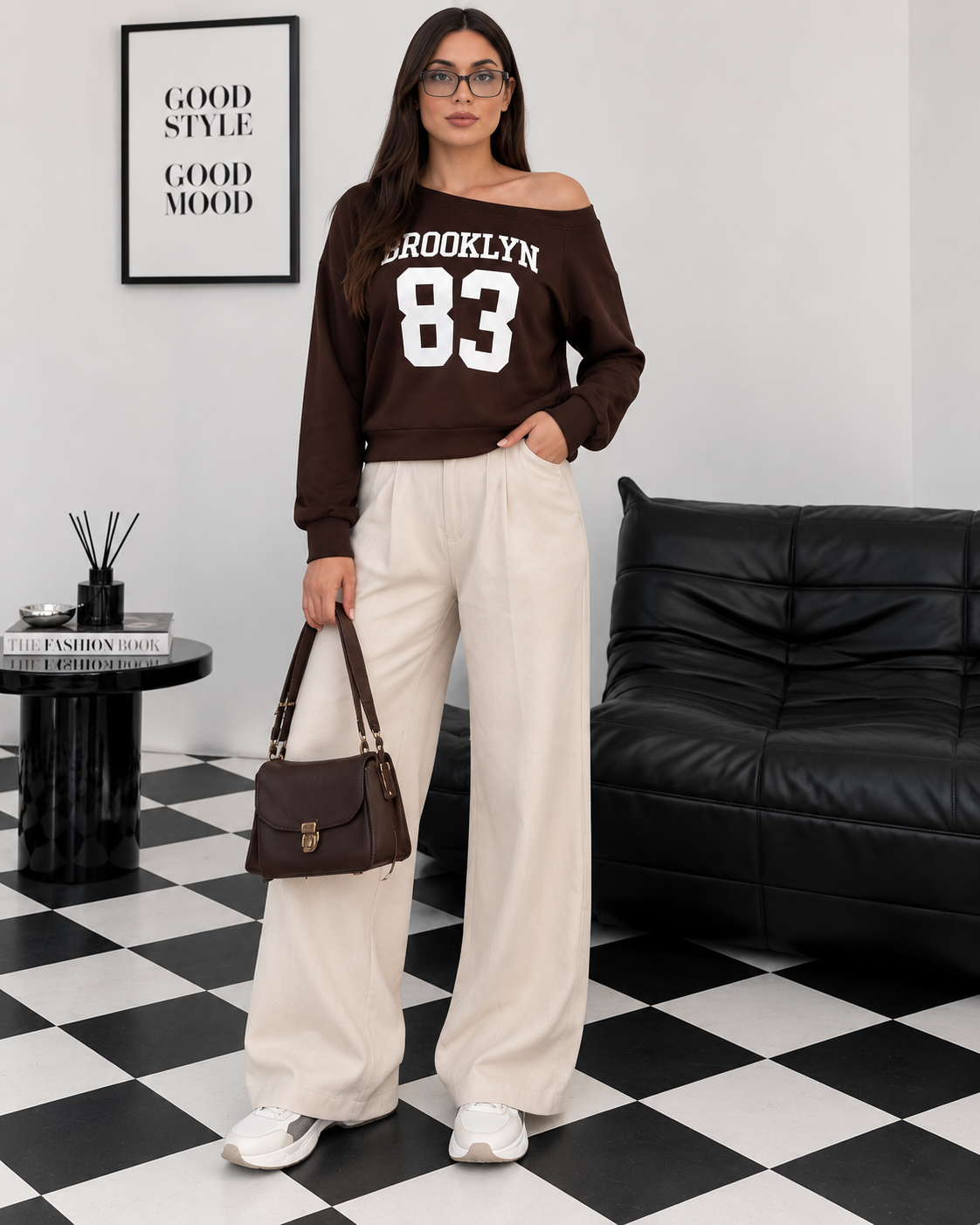 Kadın Modal Baskılı Kayık Yaka Sweatshirt