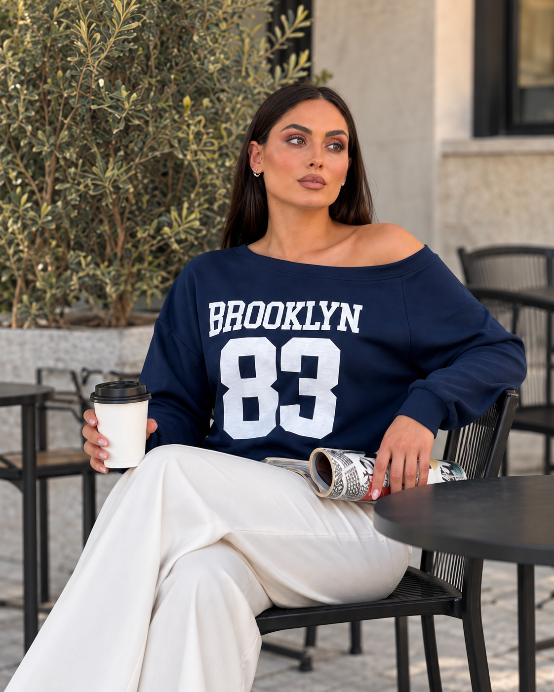 Kadın Modal Baskılı Kayık Yaka Sweatshirt