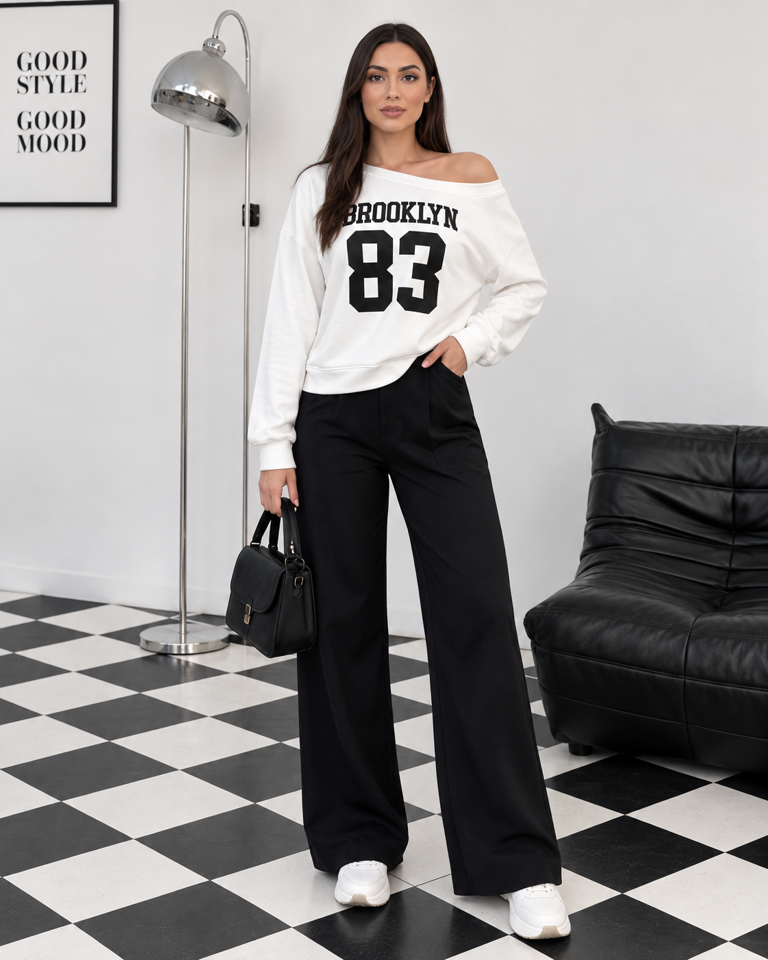 Kadın Modal Baskılı Kayık Yaka Sweatshirt