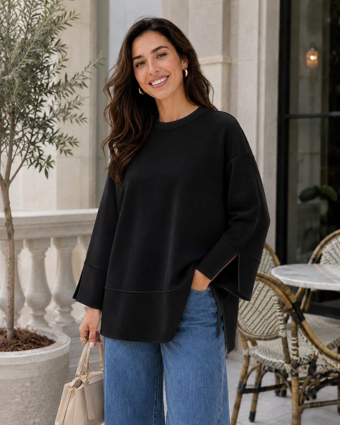Kadın Oversize Yırtmaçlı Uzun Kollu Salaş Bluz
