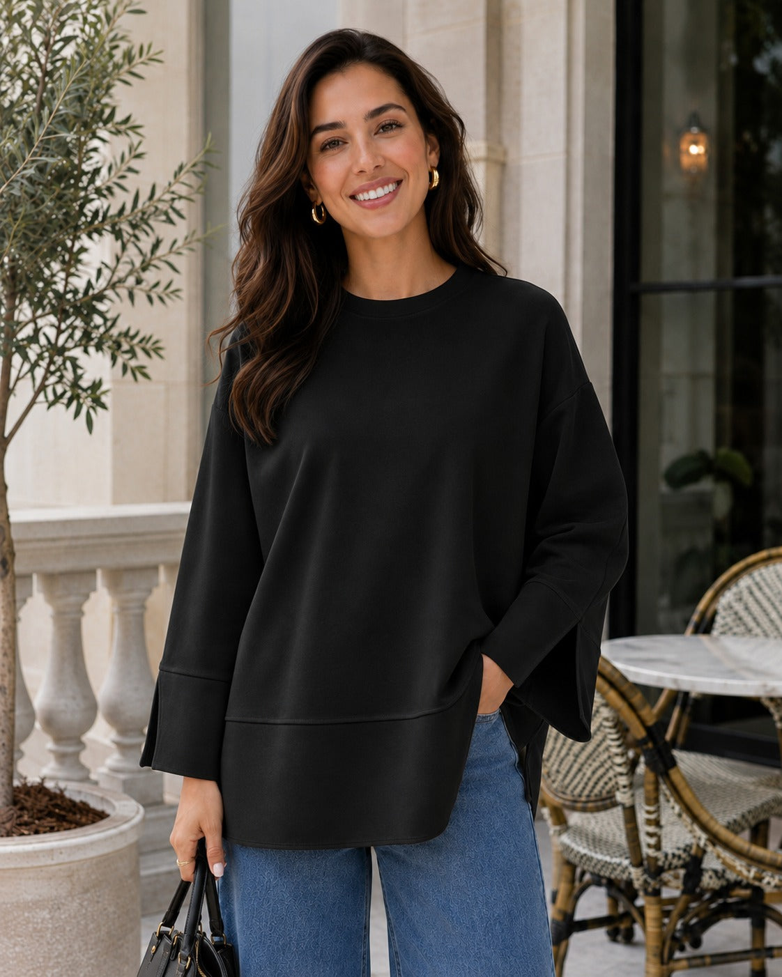 Kadın Oversize Yırtmaçlı Uzun Kollu Salaş Bluz