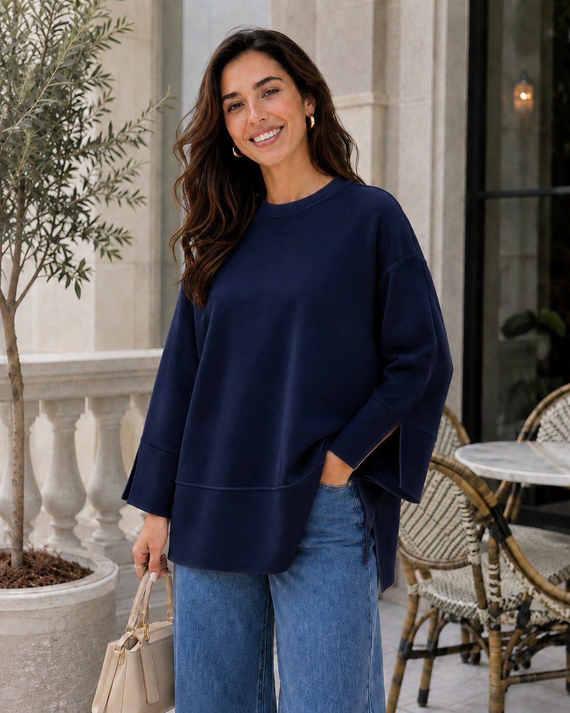 Kadın Oversize Yırtmaçlı Uzun Kollu Salaş Bluz