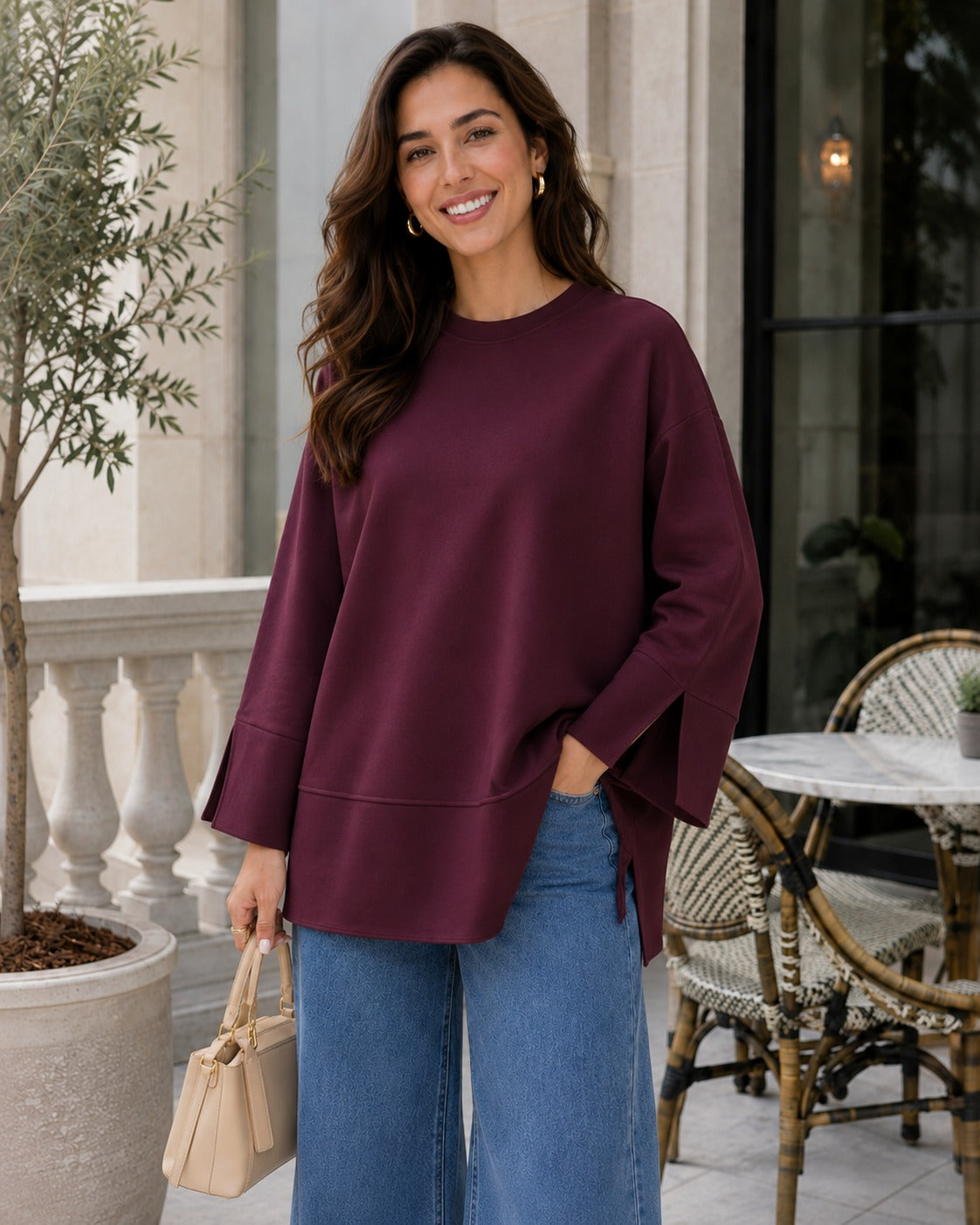 Kadın Oversize Yırtmaçlı Uzun Kollu Salaş Bluz