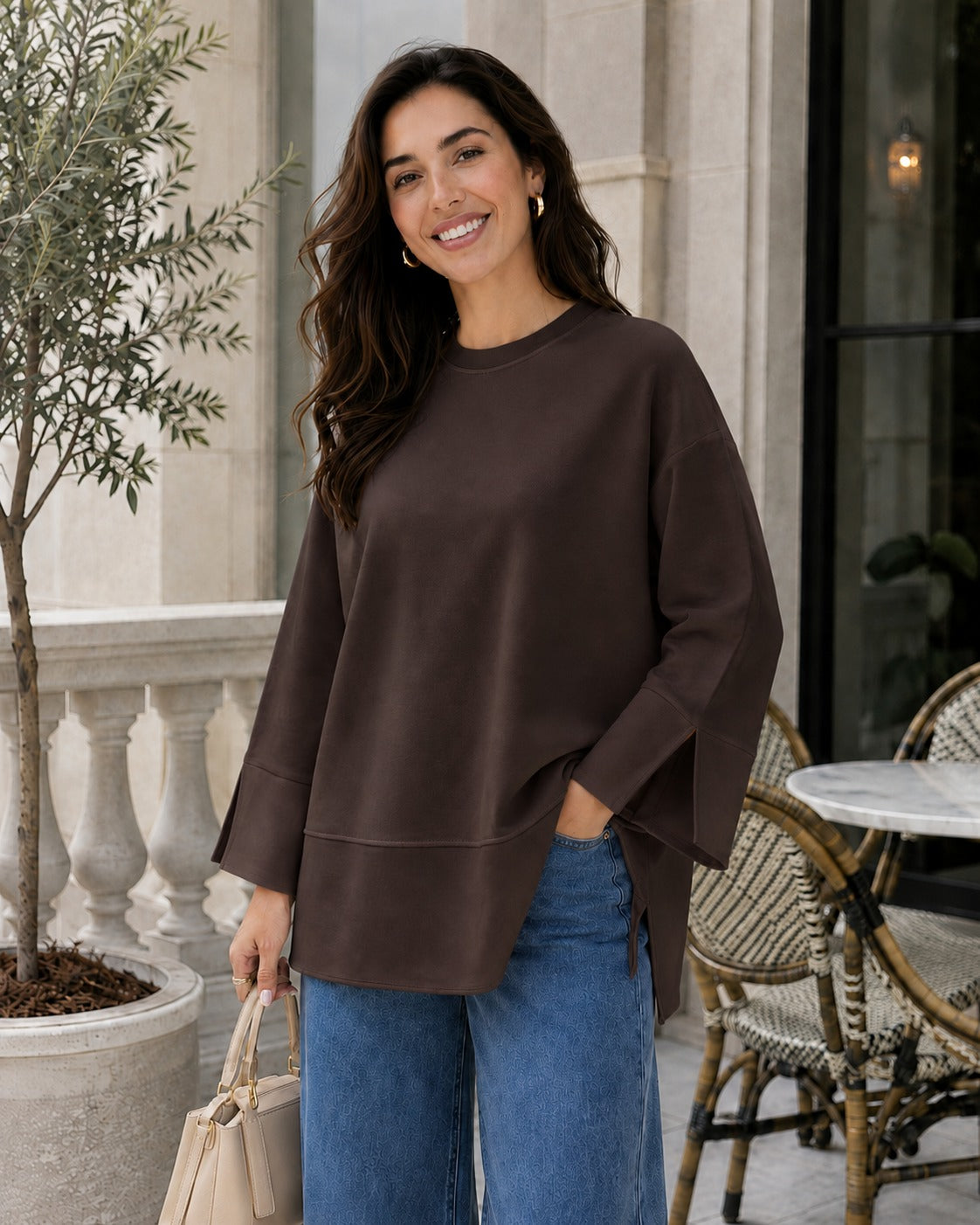 Kadın Oversize Yırtmaçlı Uzun Kollu Salaş Bluz