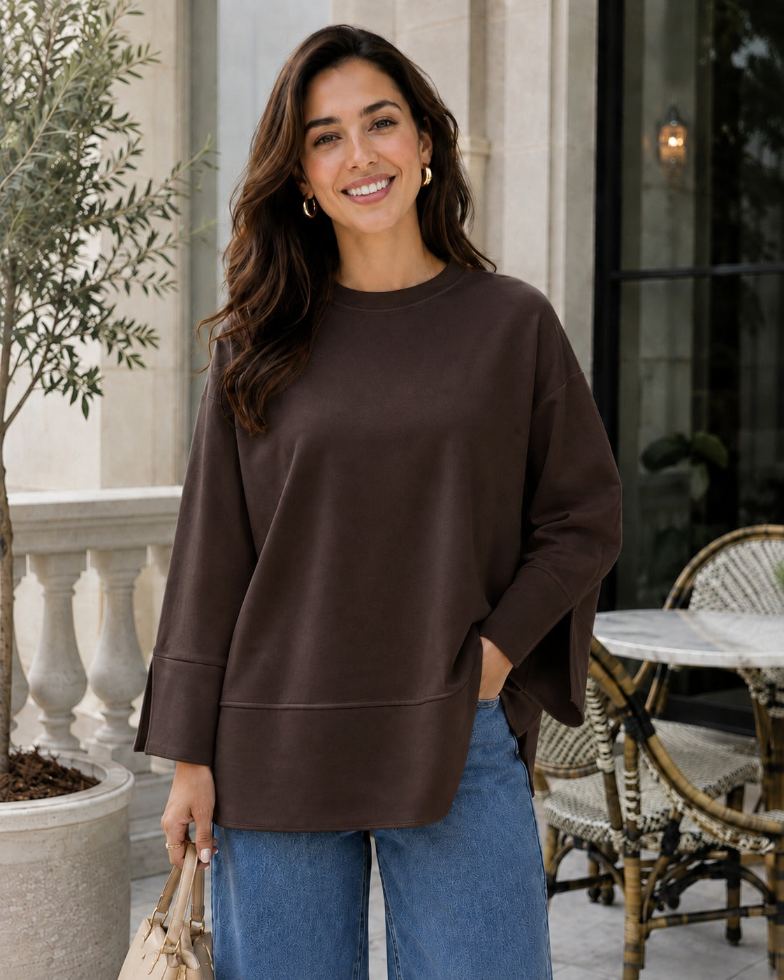 Kadın Oversize Yırtmaçlı Uzun Kollu Salaş Bluz