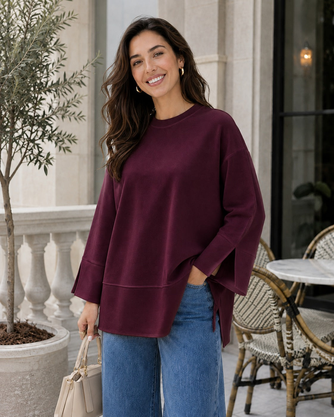 Kadın Oversize Yırtmaçlı Uzun Kollu Salaş Bluz